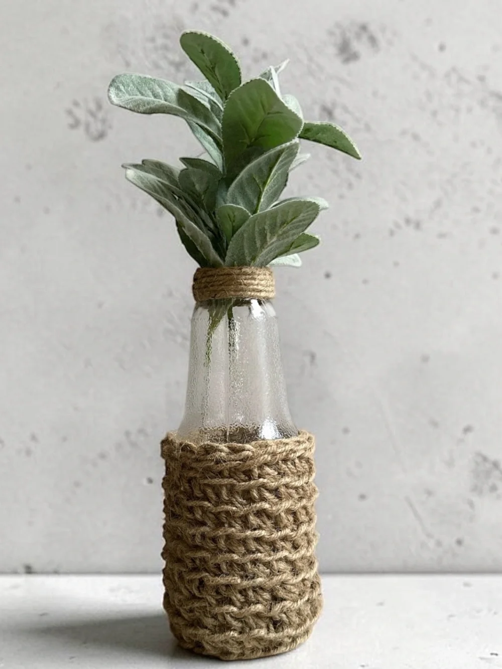 Handmade Crochet Jute Wrapped Glass Vase with Green Faux Lamb’s Ear